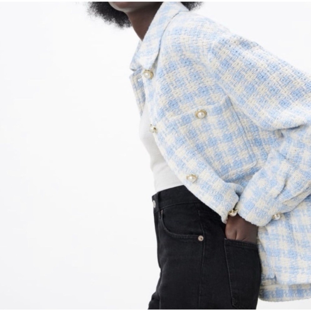 Zara Houndstooth Tweed Button Front Shacket Jacket Pearl Buttons Light Blue SZ M
